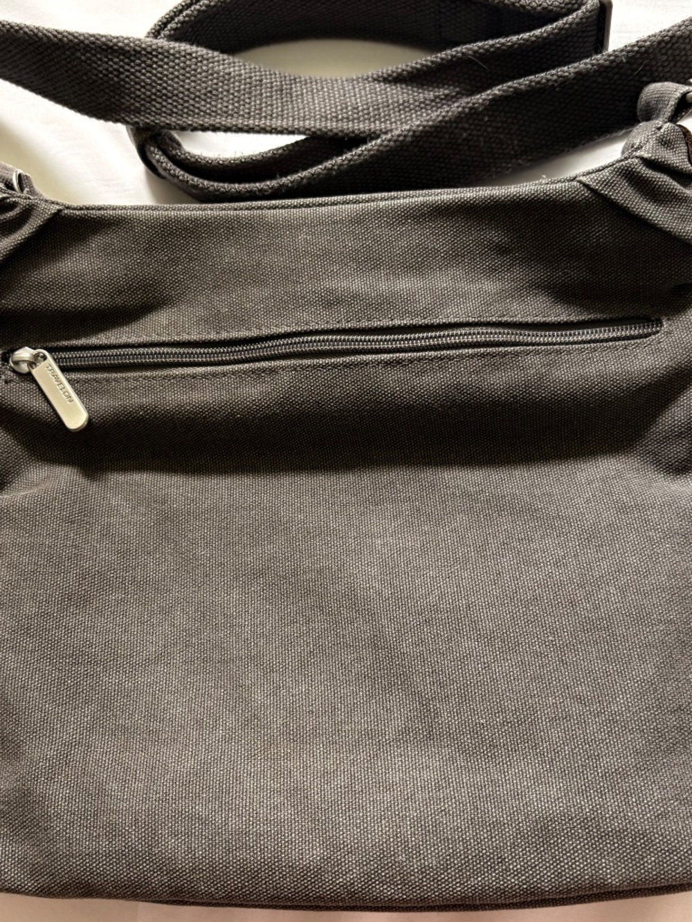 Travelon 5-Point Anti-Theft Pewter Heritage Hobo Bag Crossbody Canvas 10"x12"x3" - Picture 3 of 14